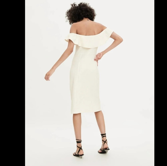 ZARA Textured Weave Sheath Midi Dress Ruffle Off The Shoulder Bridal Wedding M - Picture 5 of 10